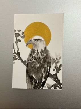 Original eagle sunset painting miniature realism art sumi-e style ink artwork